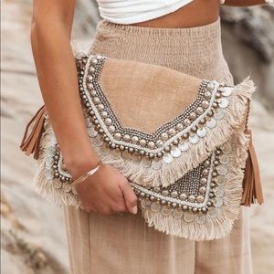 Shashi Leela Clutch Burlap Coin Embellished Fringe